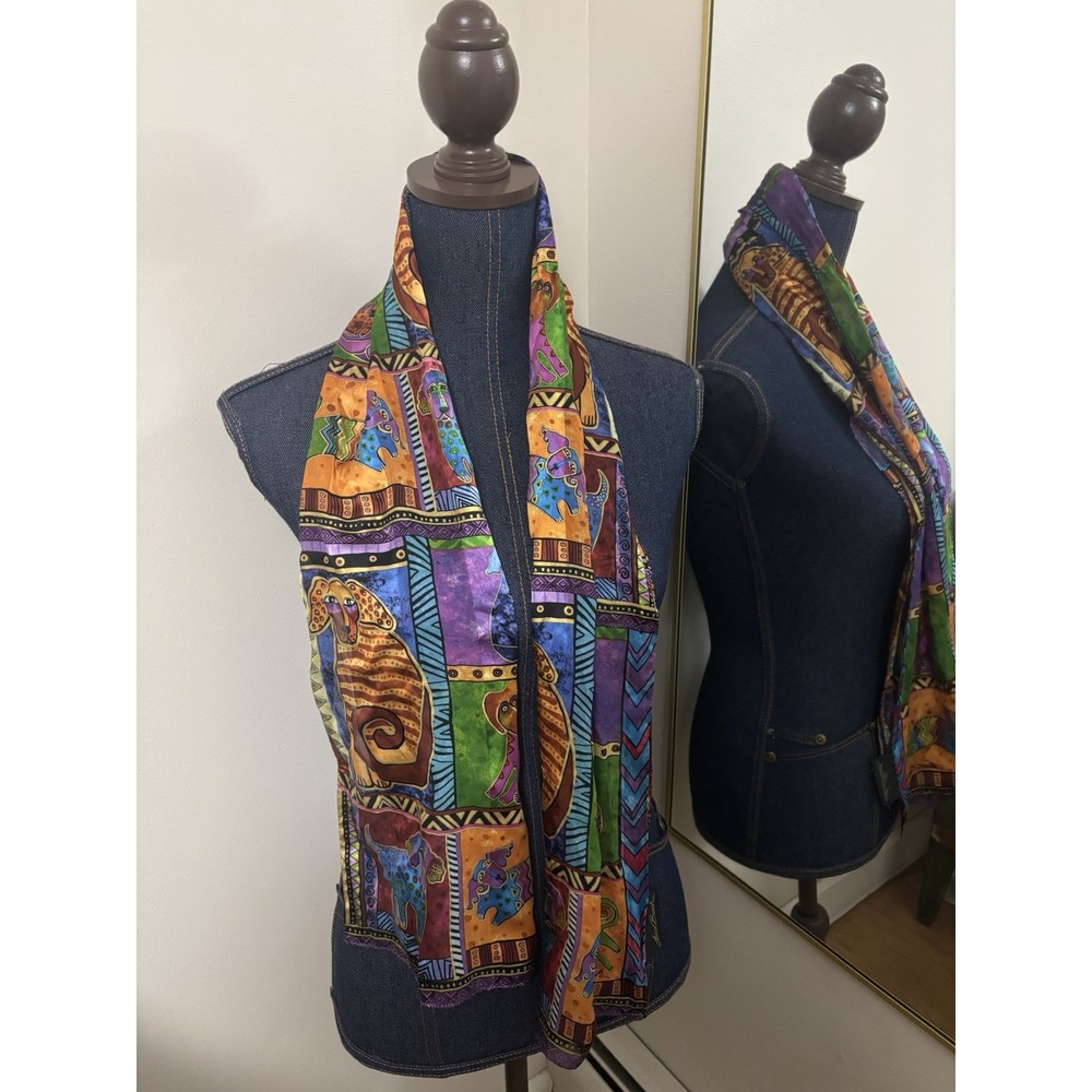 Laurel Burch Silk Scarf Cat Print Multicolor Fringed Boho 42x10 Inches